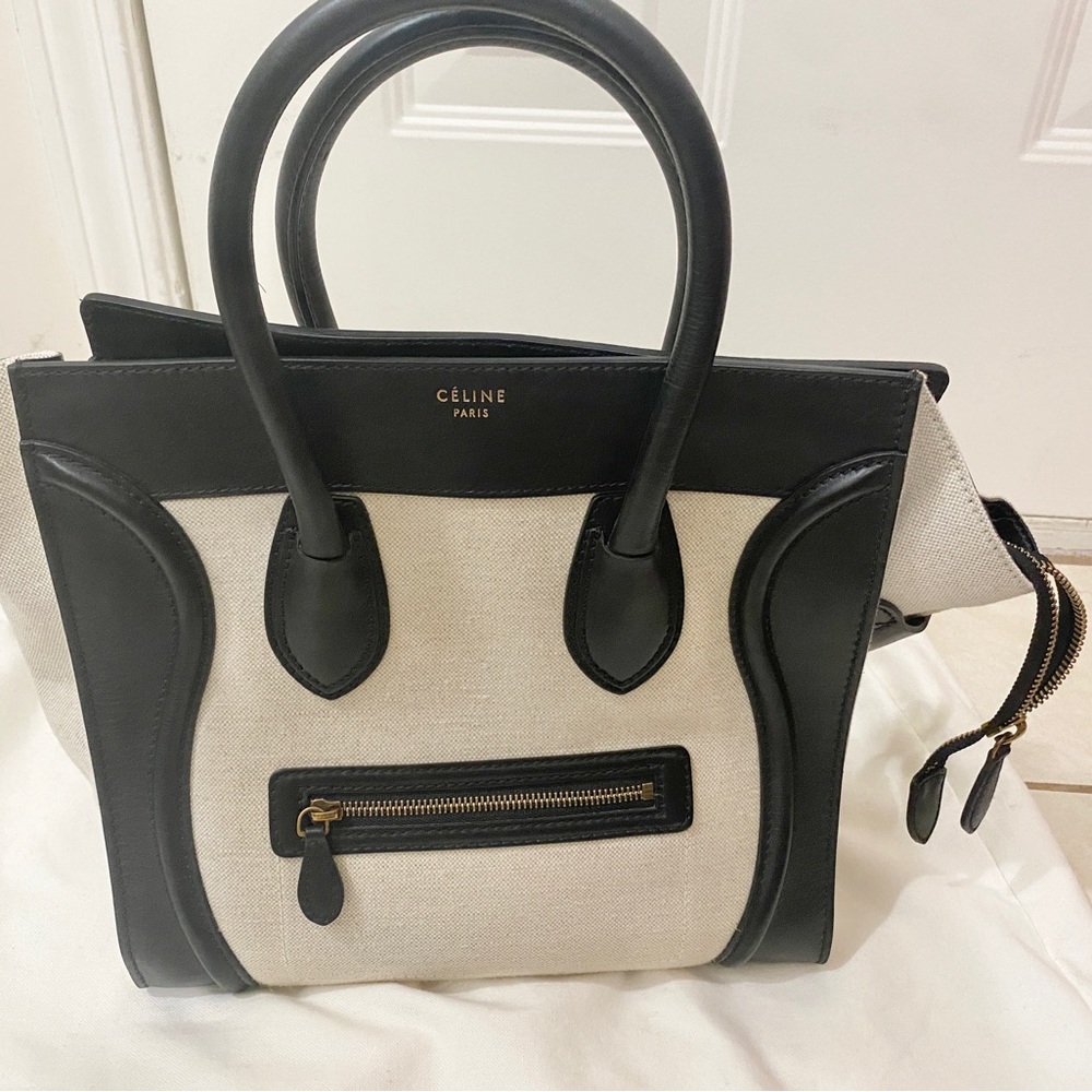Celine Beige Canvas and Black Leather Mini Luggage Tote